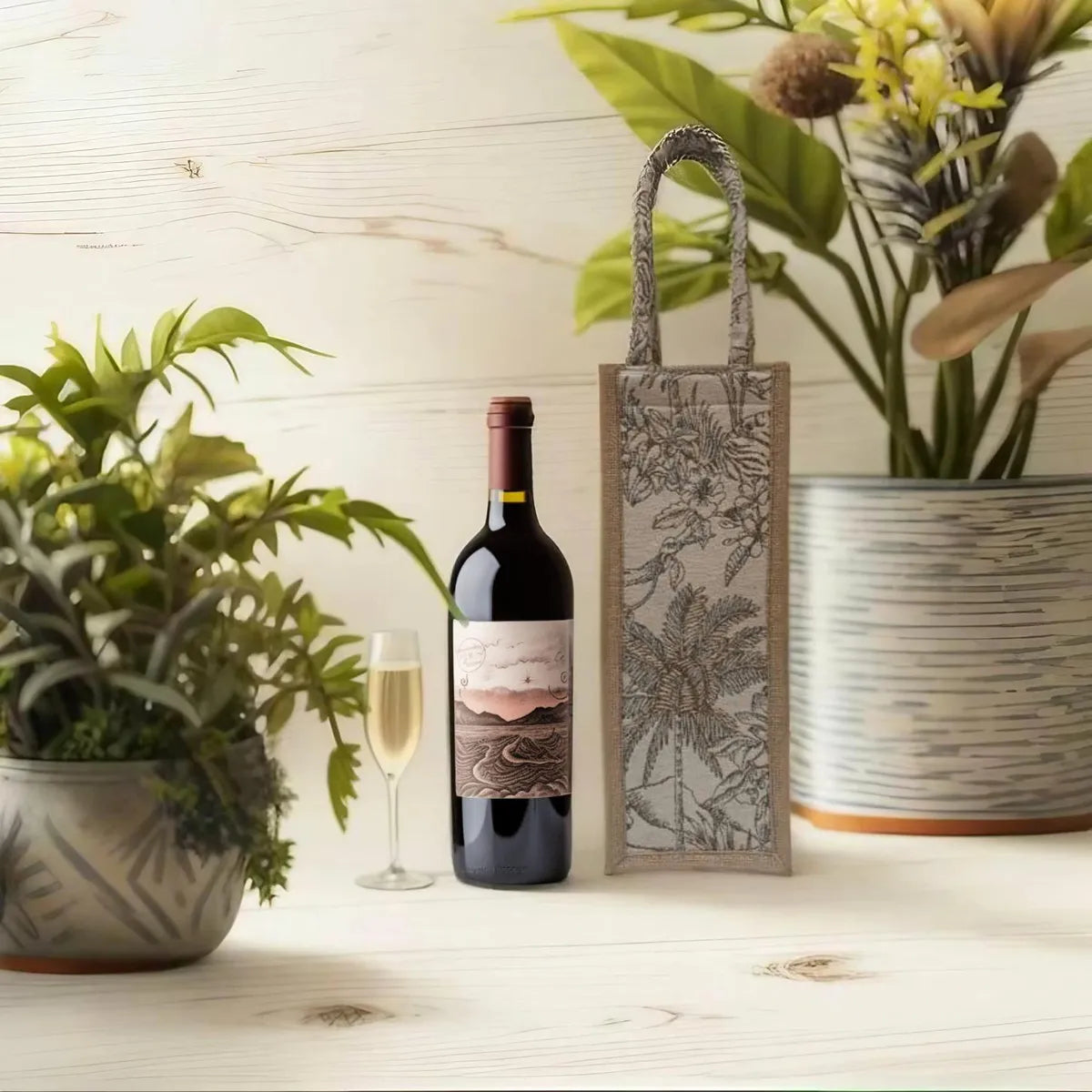 Off White And Golden Premium Tropical Themed Bottle Bag