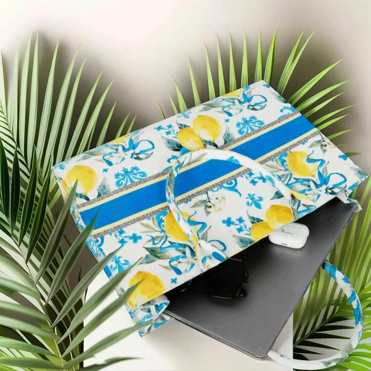 Yellow And Blue Lemon Print Customize Hand Bag For Women