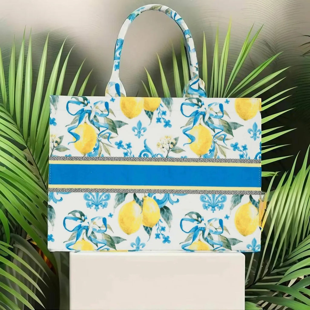 Yellow And Blue Lemon Print Customize Hand Bag For Women