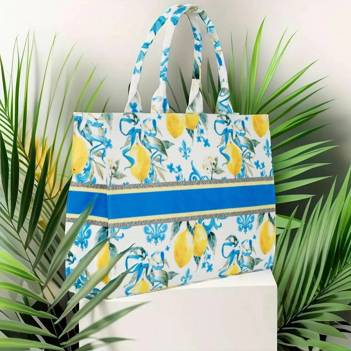 Yellow And Blue Lemon Print Customize Hand Bag For Women