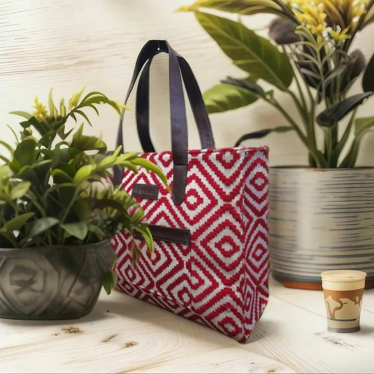 Red Geometric Patterned Hand Bag For Women