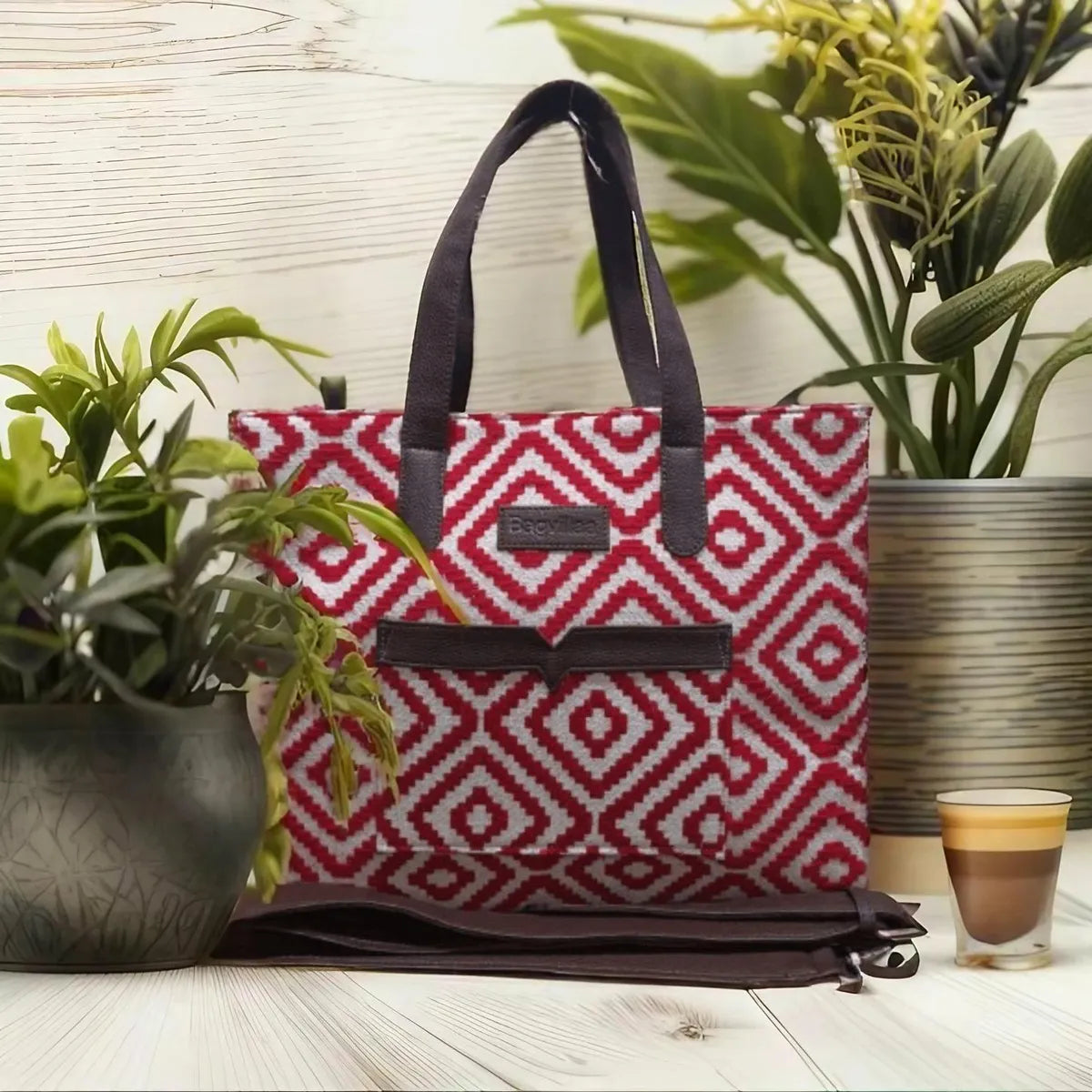 Red Geometric Patterned Hand Bag For Women