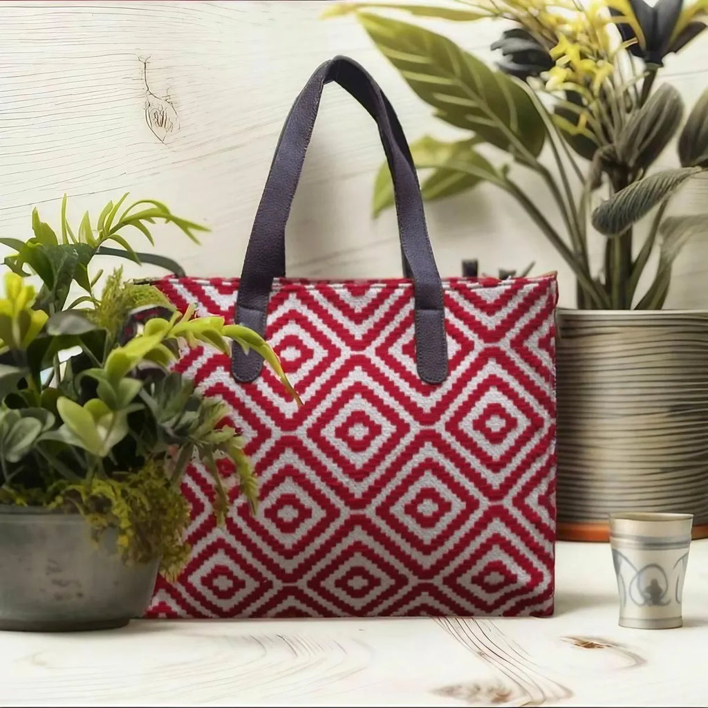 Red Geometric Patterned Hand Bag For Women