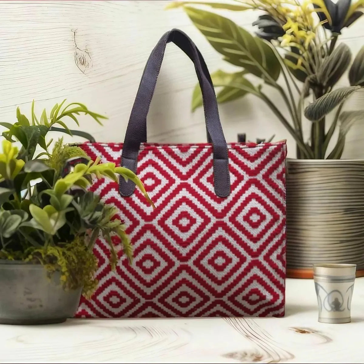 Red Geometric Patterned Hand Bag For Women