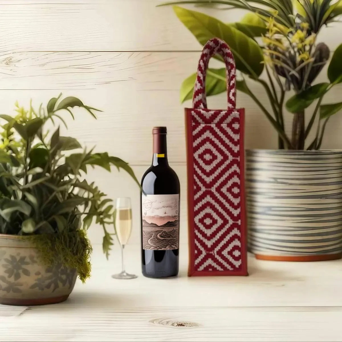 Red And White Premium Design Handwoven Bottle Bag