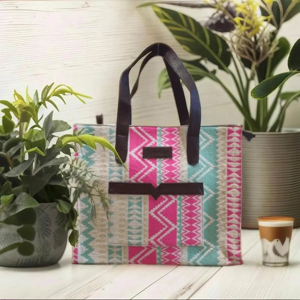 Pink And Blue Handwoven Hand Bag For Women