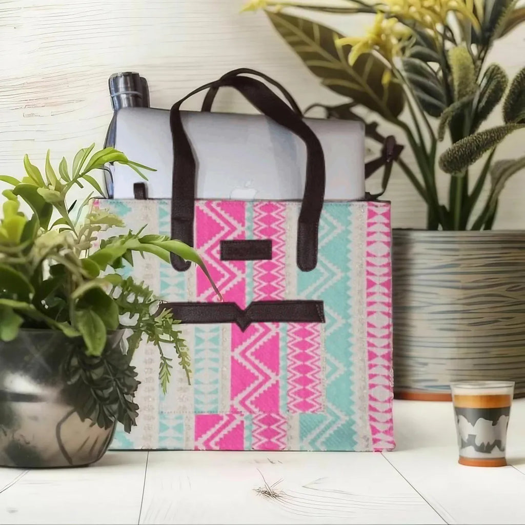 Pink And Blue Handwoven Hand Bag For Women