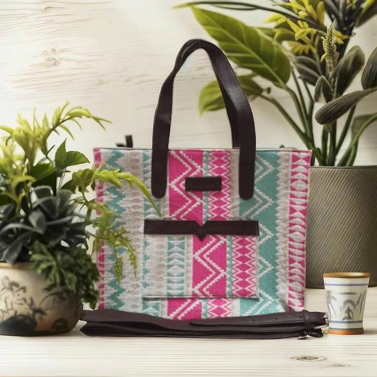 Pink And Blue Handwoven Hand Bag For Women