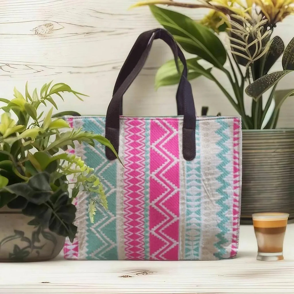 Pink And Blue Handwoven Hand Bag For Women